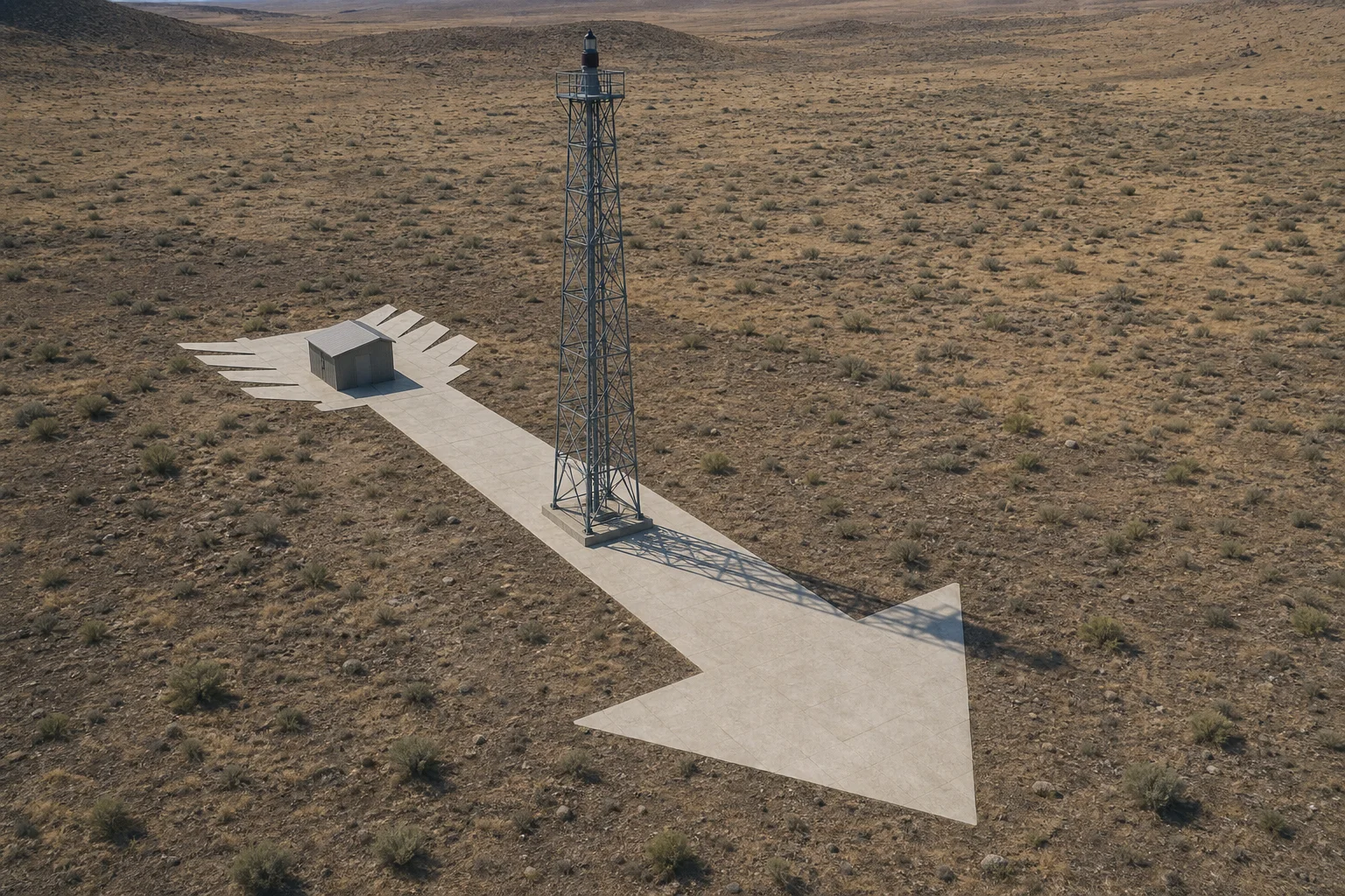 Editorial illustration of an airway beacon tower, a long concrete arrow and a small generator shed in a high-desert landscape.