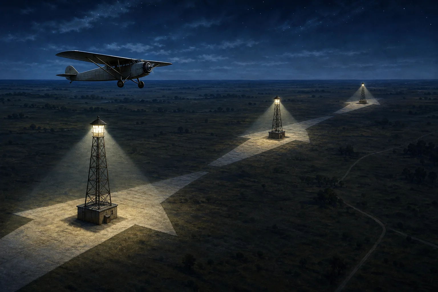 Editorial illustration showing a small mail plane following a line of illuminated airway beacon towers and concrete arrows across a nighttime plain.