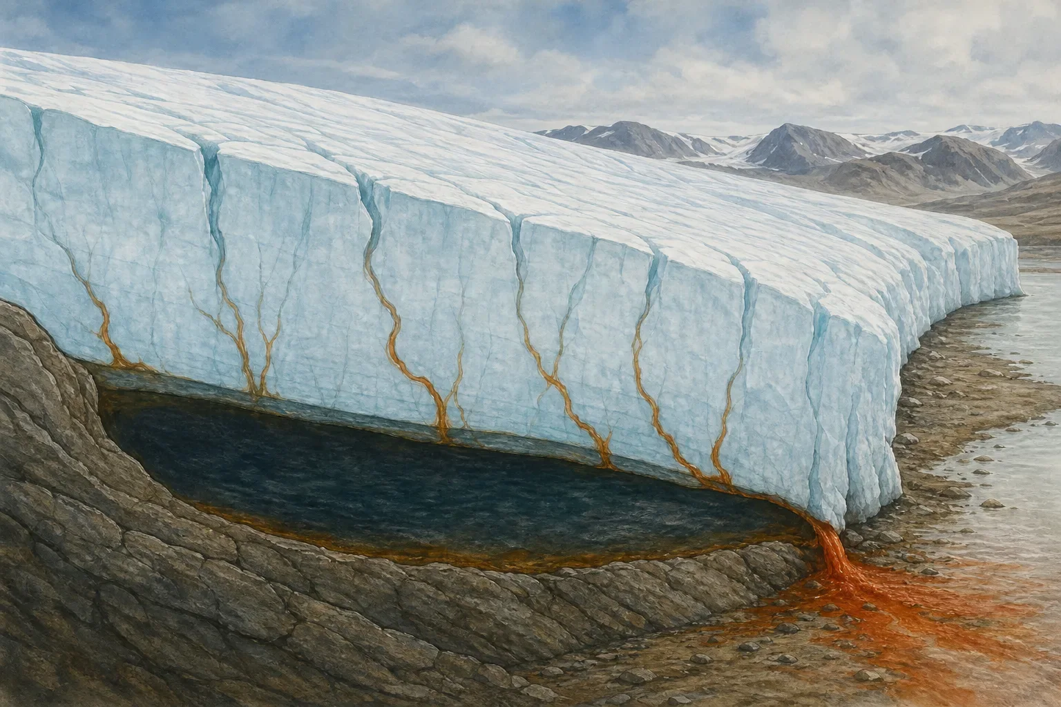 Illustrated cutaway of dark brine beneath a pale glacier feeding narrow channels toward a rust-colored outlet