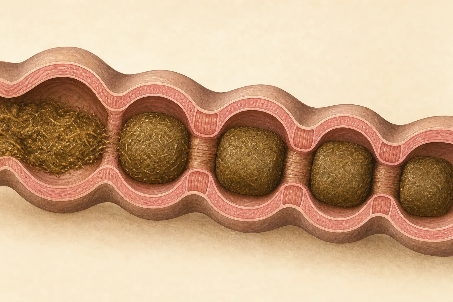 Tasteful explanatory illustration of rounded cube-like segments being shaped inside a soft intestinal tube