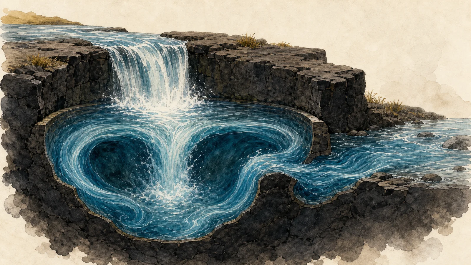 Conceptual editorial illustration of water swirling through a plunge pool and rejoining a downstream river