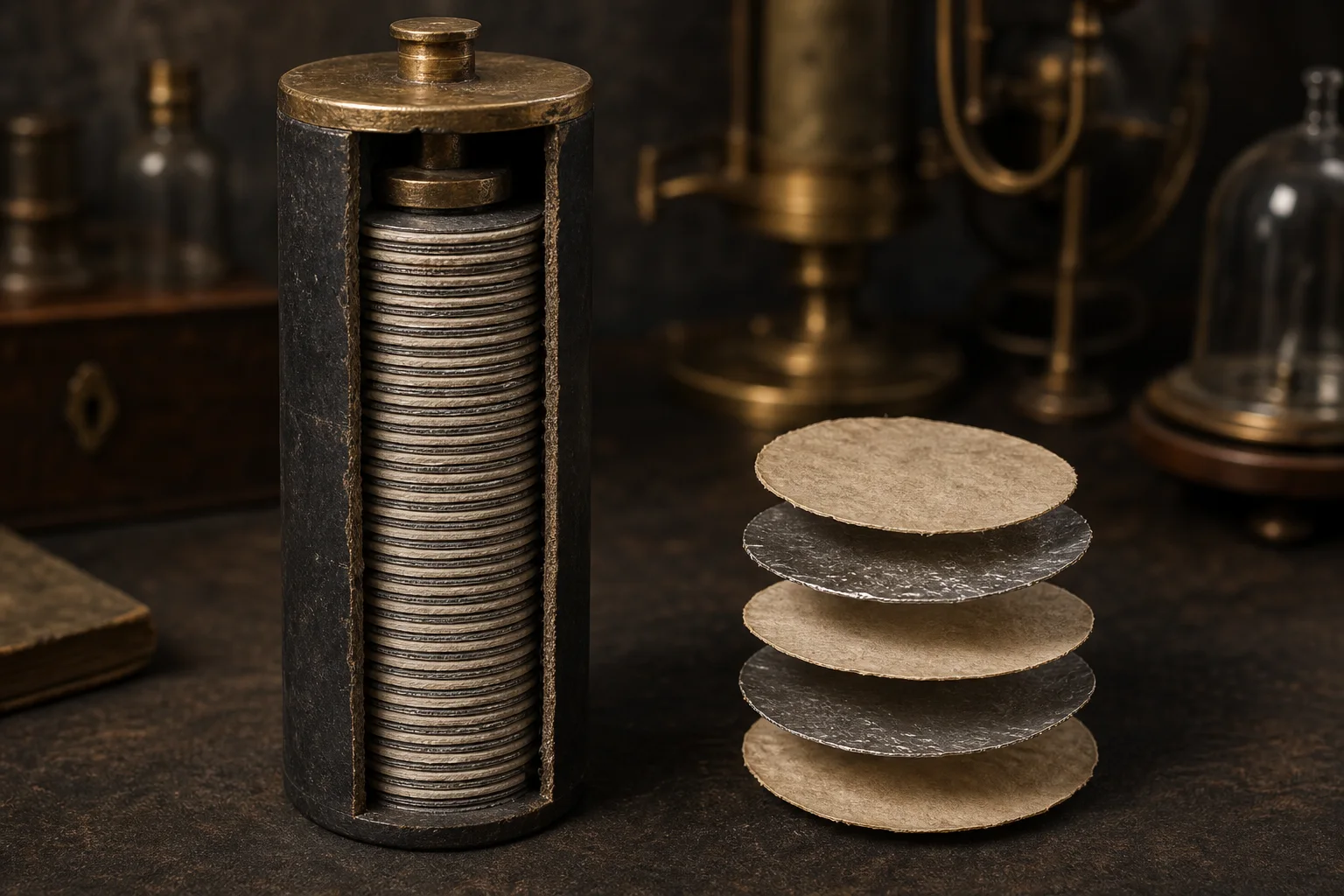 Conceptual cutaway illustration of a sulfur-sealed dry-pile battery containing many thin alternating paper and metal discs