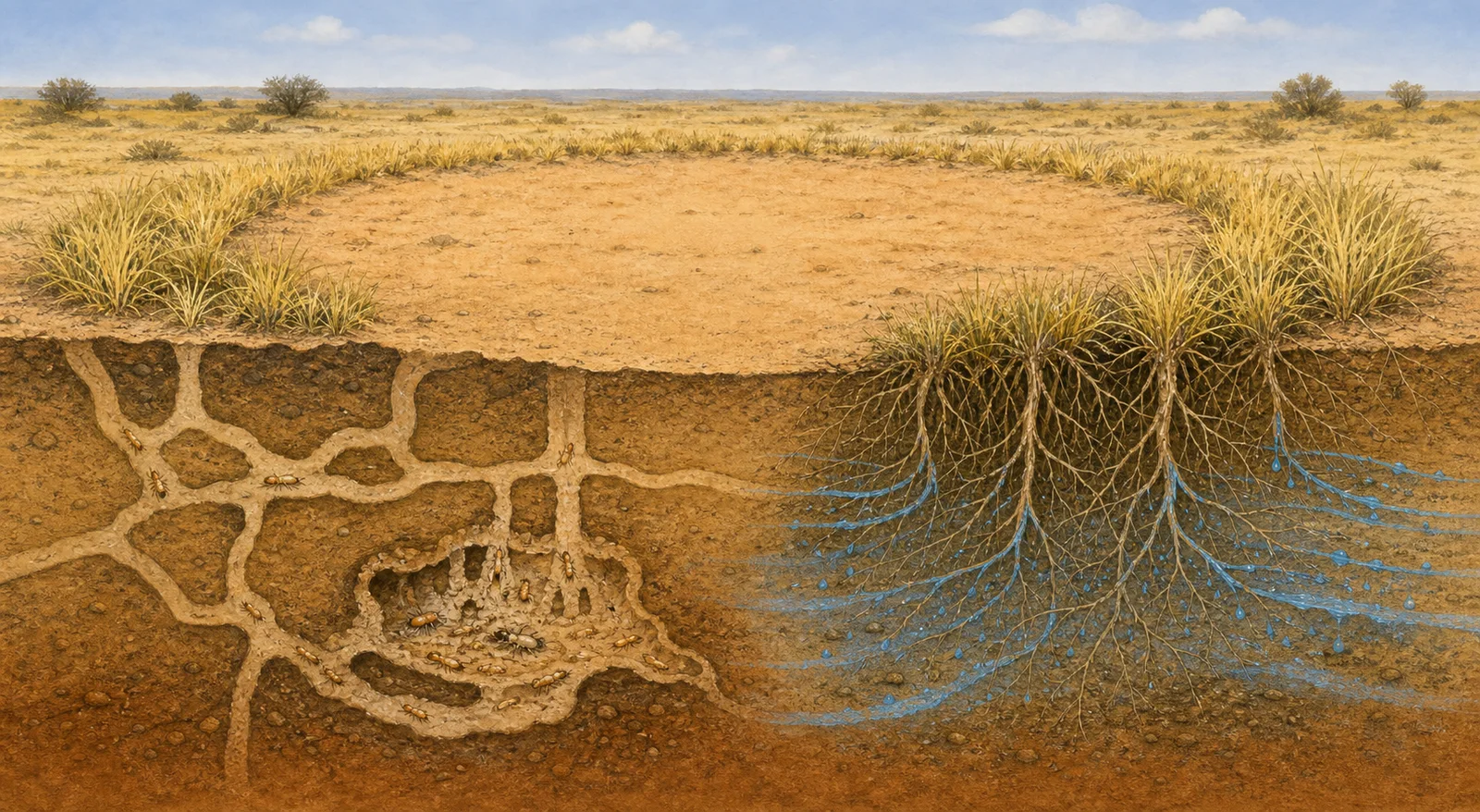 Editorial cutaway illustration contrasting sand-termite tunnels with grass roots drawing moisture around a Namib fairy circle