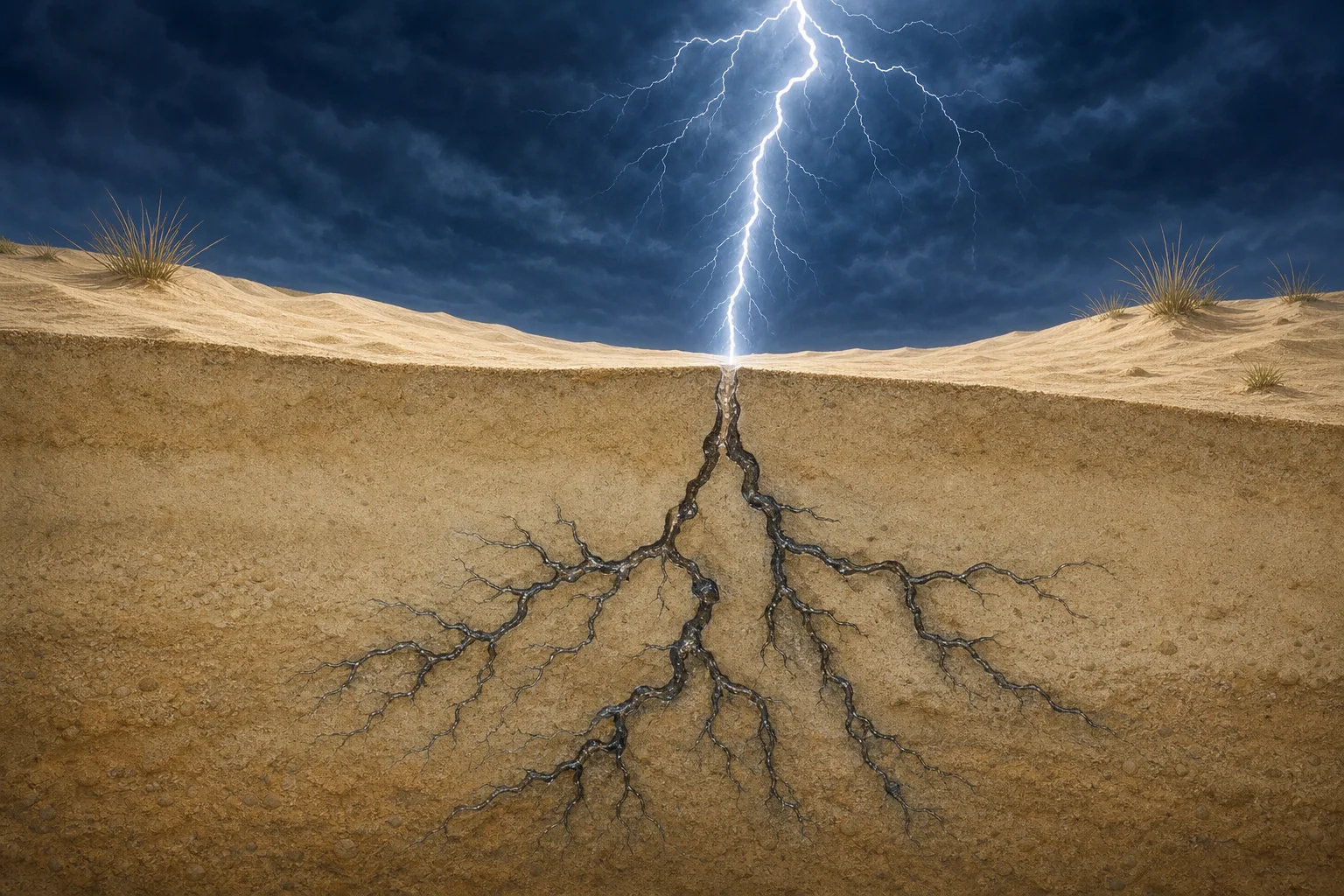 Editorial illustration showing lightning entering a dune and a branching dark glass structure below the sand surface.