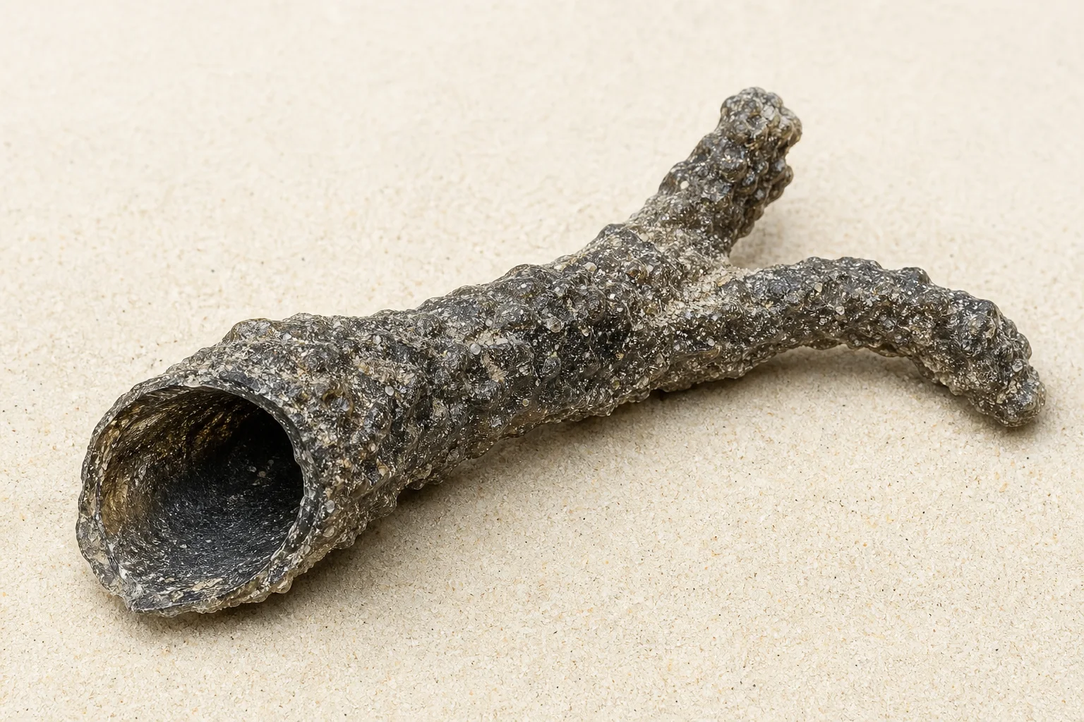 Editorial illustration of a dark, hollow, branching glass tube resting on pale sand.