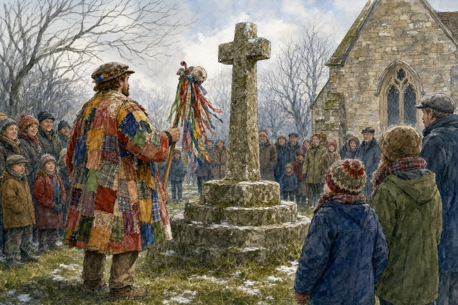 Editorial illustration of a winter village ceremony beside a weathered stone cross base