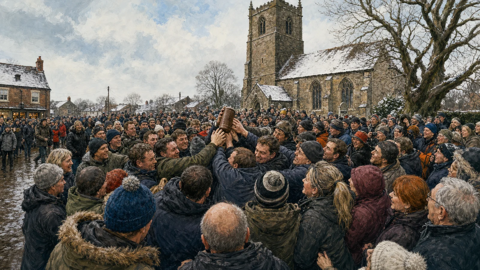 Editorial illustration of a winter village crowd moving a leather Hood through a muddy lane