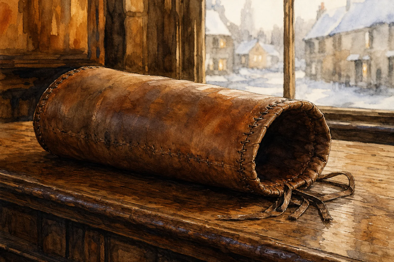 Editorial illustration of a stitched leather cylinder resting on a wooden pub bar