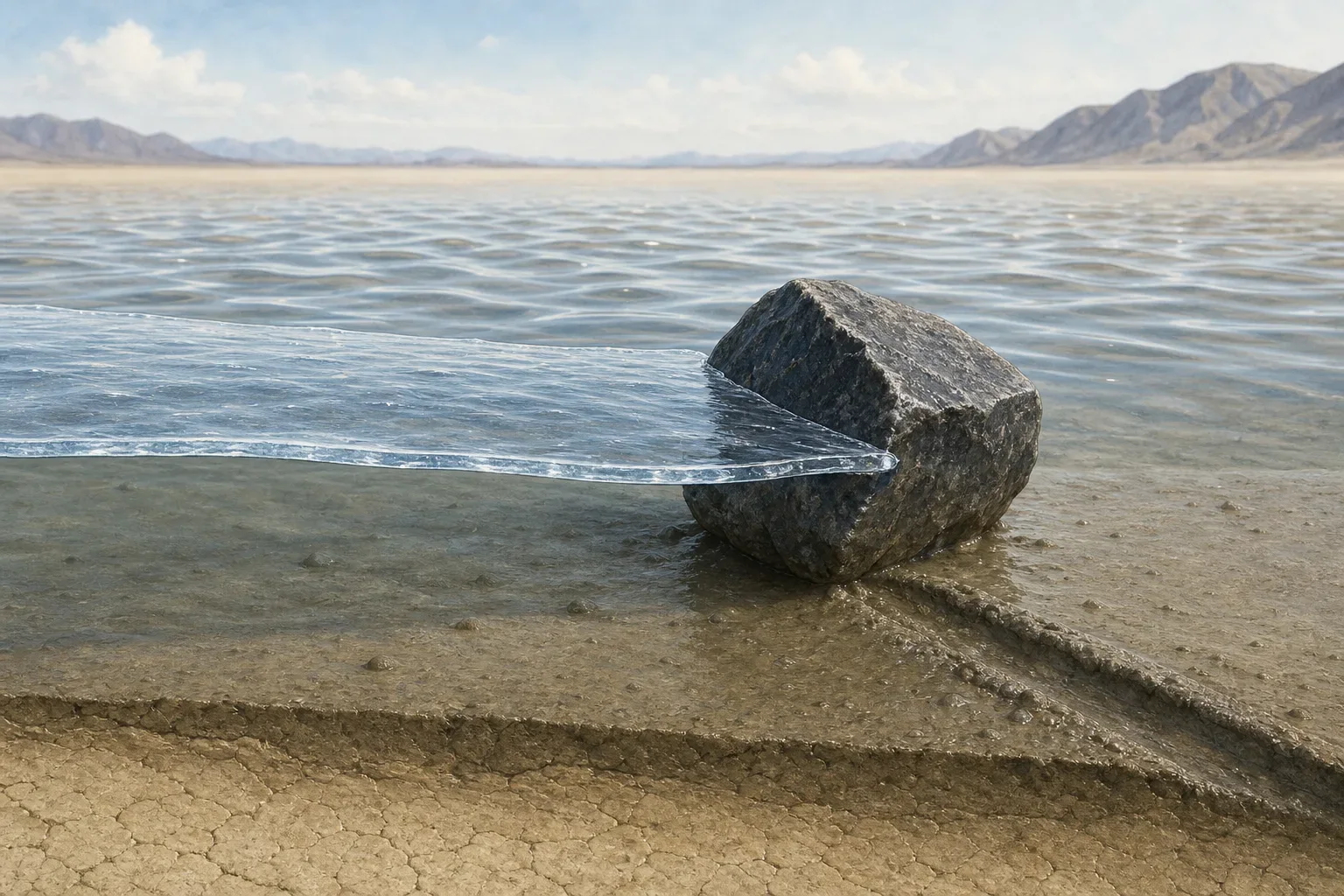 Illustration of a thin floating ice panel pressing against a stone in shallow water on a desert playa