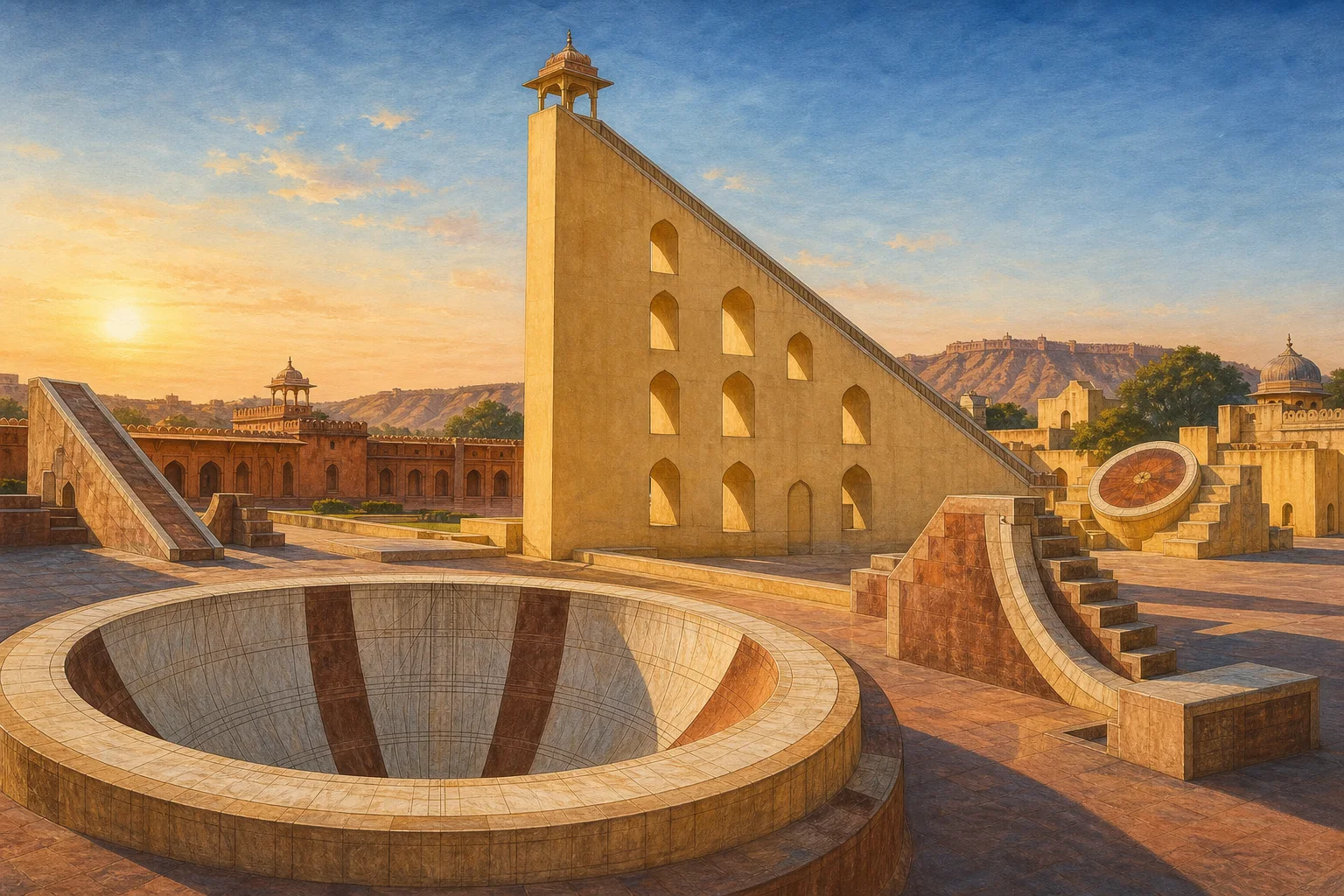 Editorial illustration of Jaipur’s Jantar Mantar courtyard with a giant triangular stone sundial, circular instrument and curved astronomical structures at dawn.