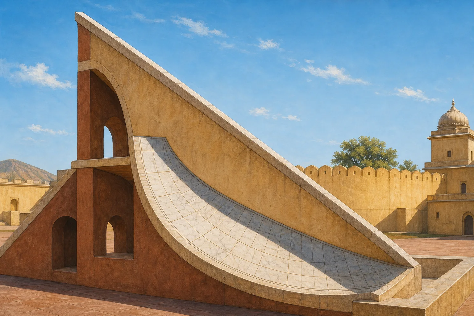 Editorial illustration of a monumental stone sundial casting a shadow across a curved marble scale at Jaipur’s Jantar Mantar.