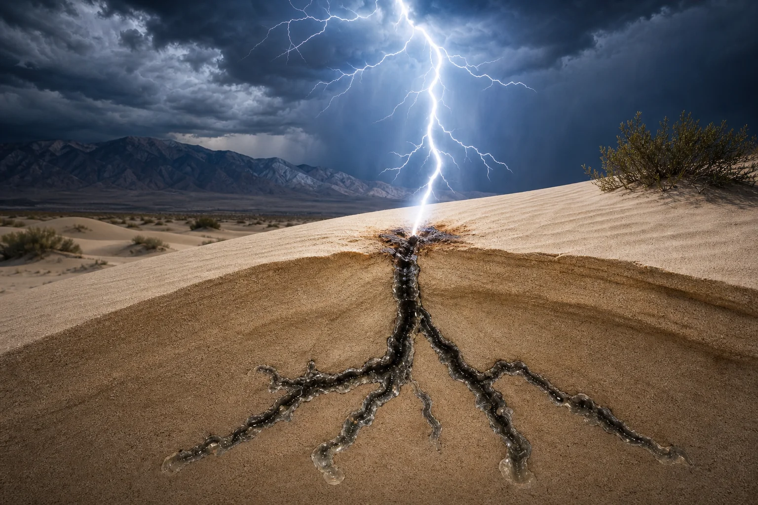 Editorial illustration of lightning striking a sand dune and a branching fulgurite below the surface.