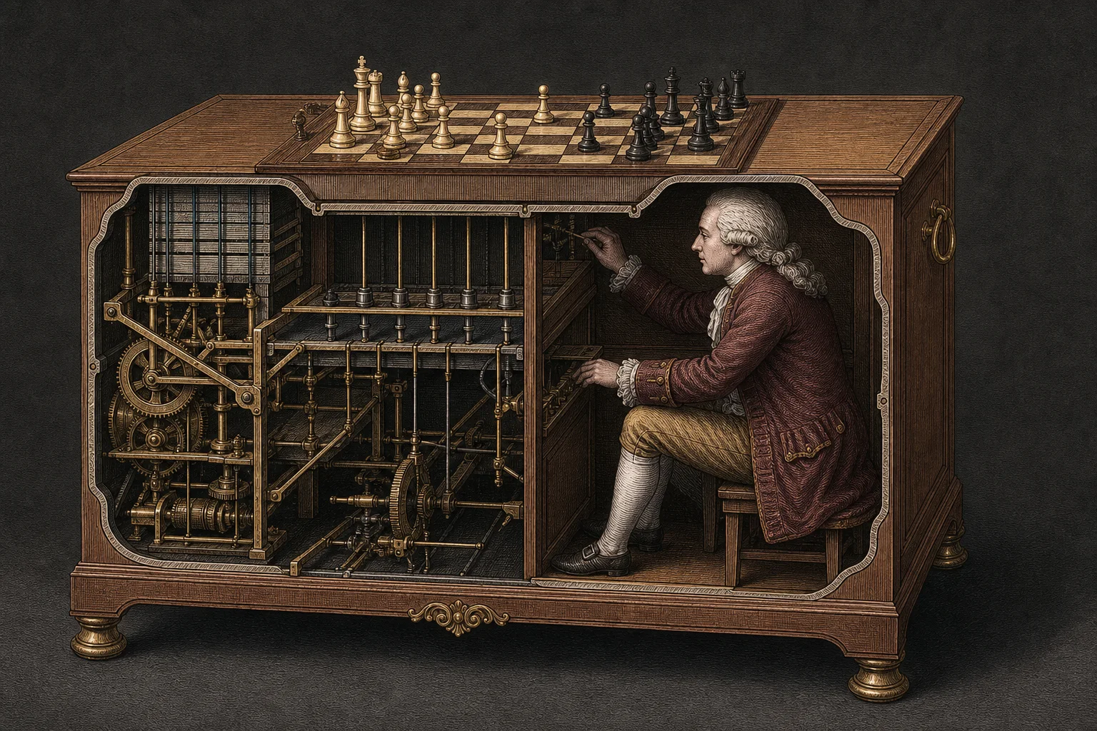 Editorial cutaway illustration of a wooden chess automaton cabinet with mechanisms and a concealed human operator