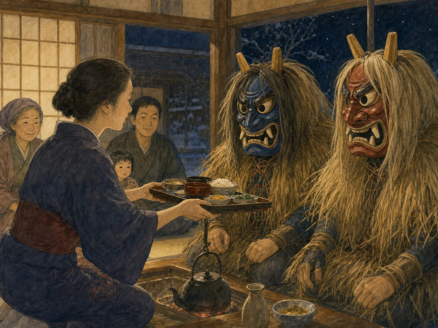Editorial illustration of a household offering a meal tray to two straw-clad Namahage visitors on a winter evening.