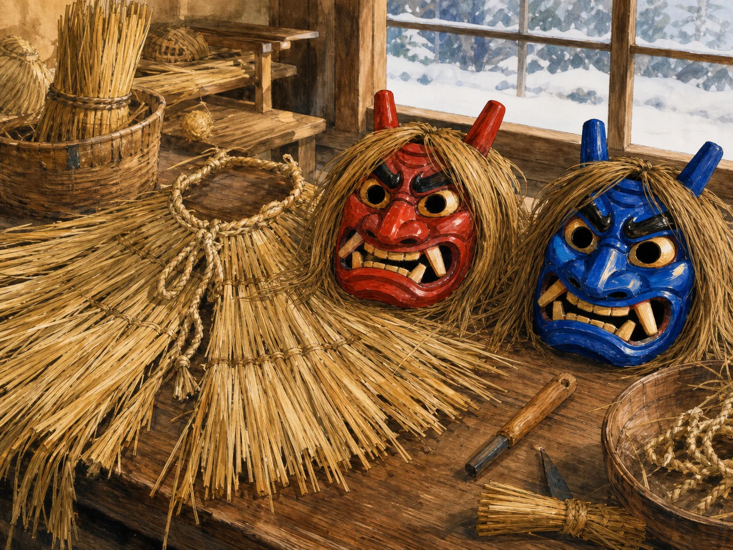 Editorial illustration of red and blue Namahage masks with straw garments being assembled in a workshop.