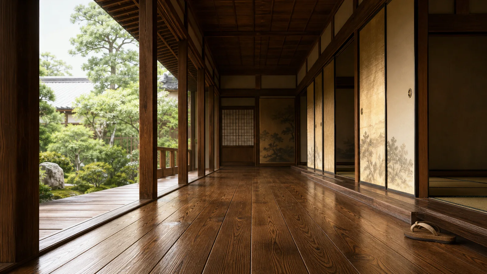 Editorial illustration of a long cedar corridor in a Japanese palace with sliding screens and a garden beyond the open side.