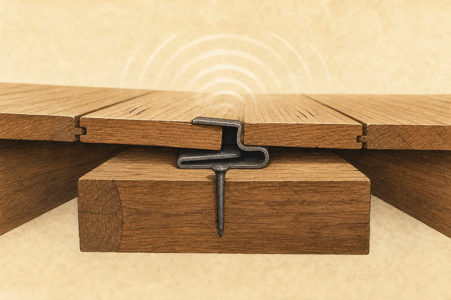 Editorial illustration showing cedar floorboards, a metal clamp, and a nail on a wooden support beam beneath a nightingale floor.
