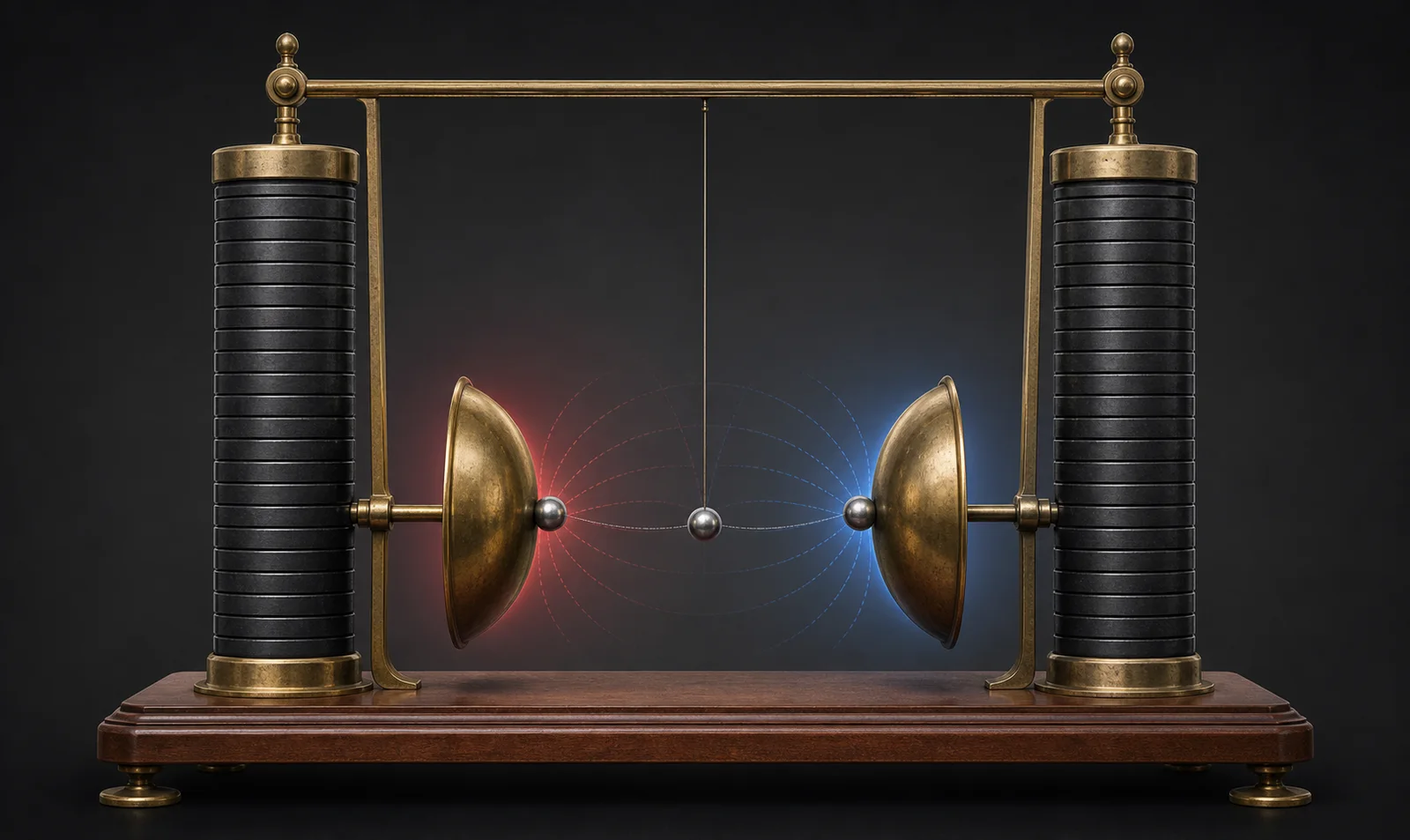 Editorial illustration of a metal sphere moving between two oppositely charged brass bells beneath dry-pile batteries