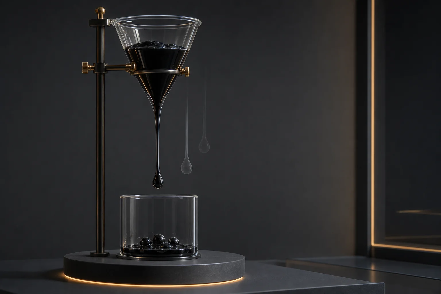 Editorial illustration of black pitch forming a long drop beneath a glass funnel, with faint silhouettes showing stages of its slow descent