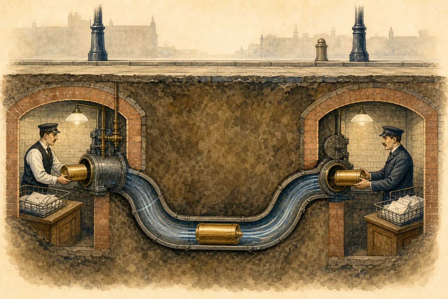 Editorial cutaway illustration of a mail canister traveling through an underground pneumatic tube between two imagined post office basements.