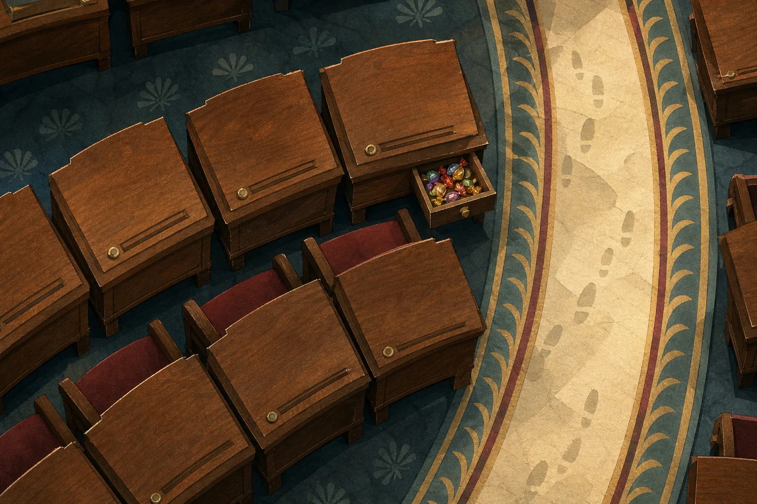 Editorial illustration of curved rows of wooden desks with one candy-filled drawer beside a busy aisle.