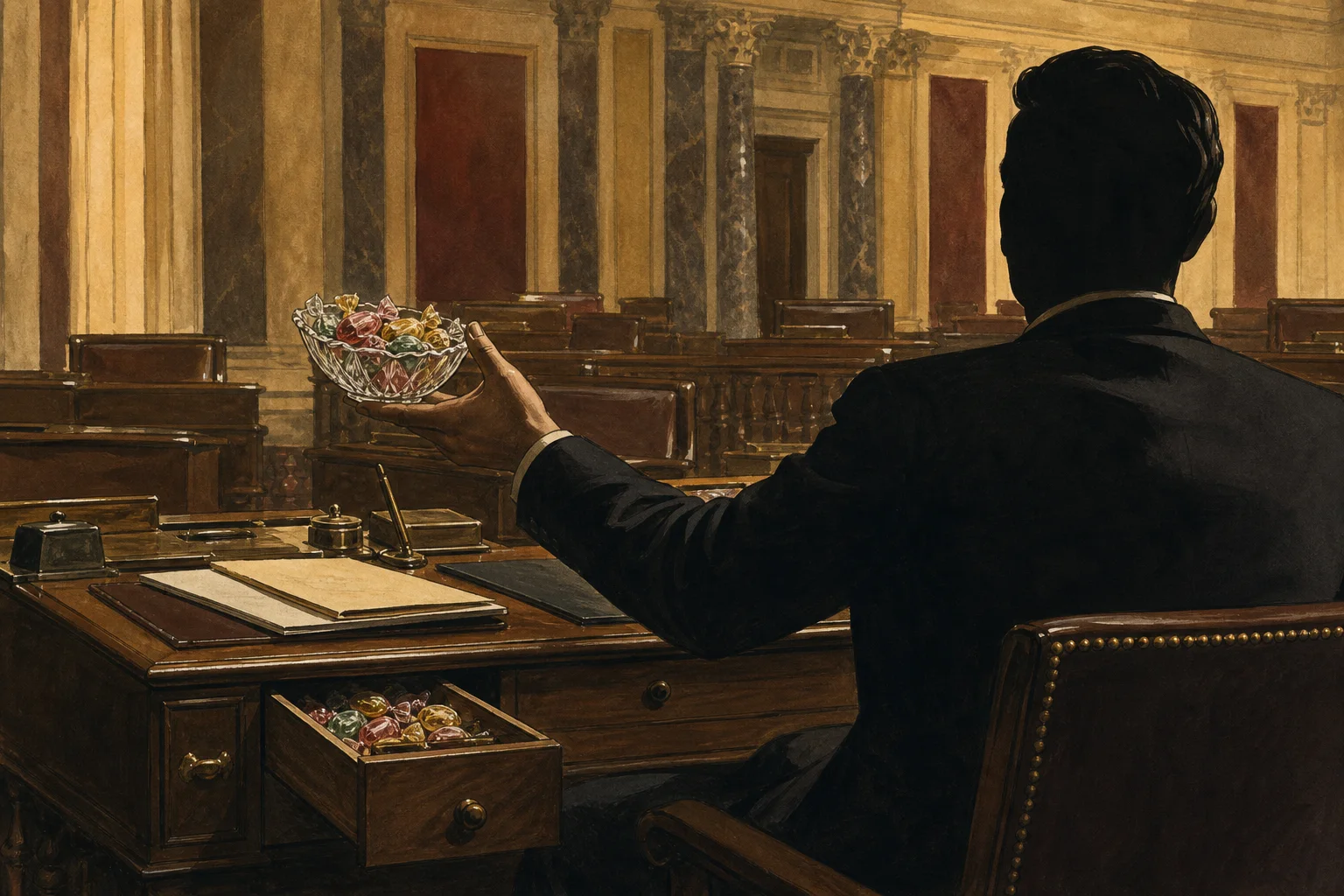 Editorial illustration of a senator seen from behind offering a bowl of wrapped candies beside an open wooden desk drawer.