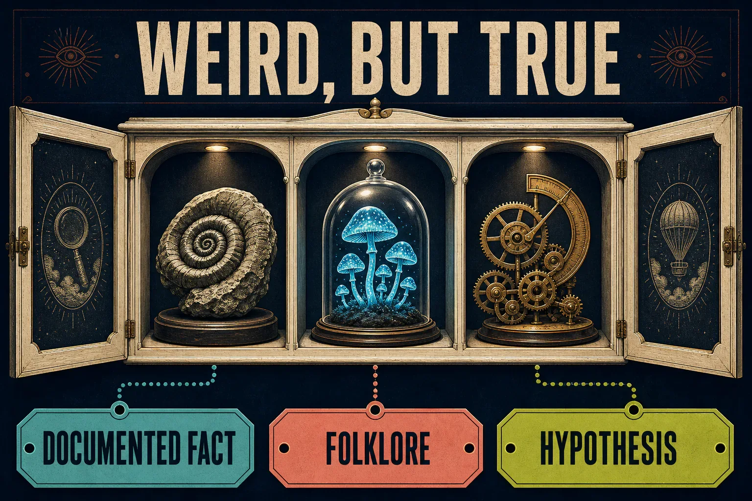 A weird-but-true cabinet separating documented fact, folklore, and hypothesis