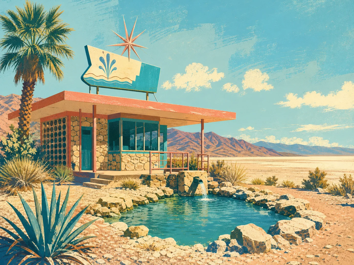 Editorial illustration of a stylized mid-century desert mineral-springs pavilion beside a salt flat.