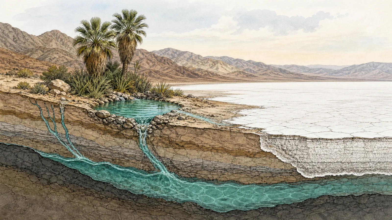 Editorial illustration of groundwater feeding a small desert oasis beside a salt flat.