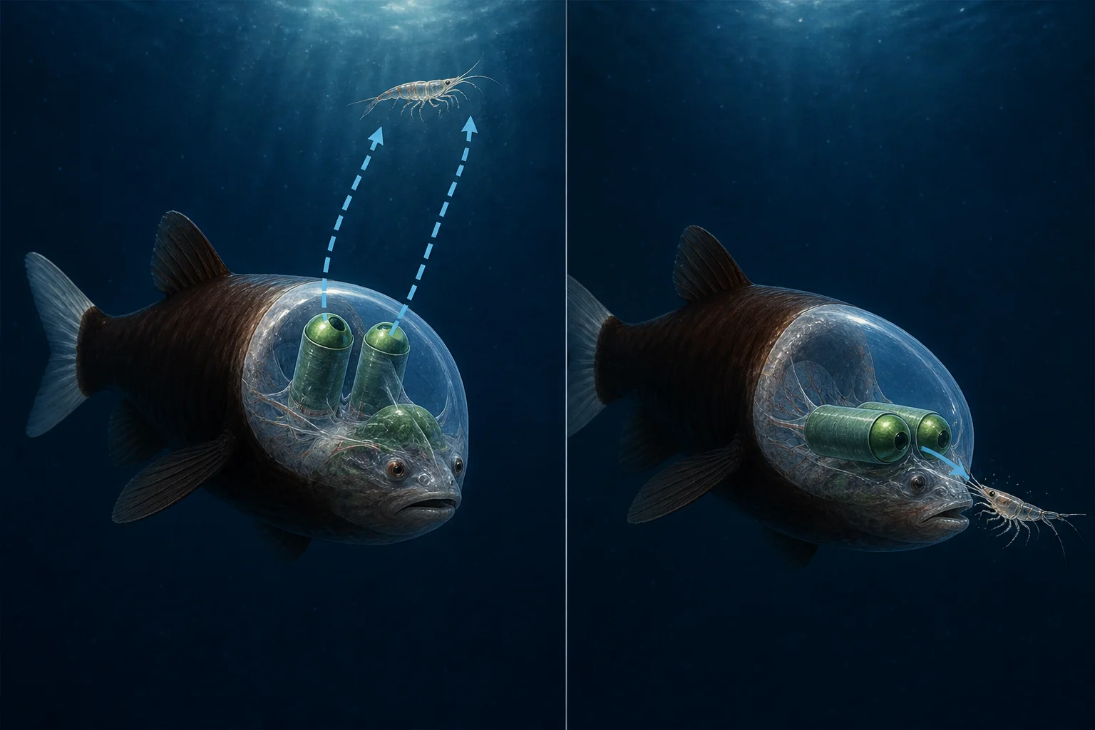 An illustrated barreleye fish looking upward for prey and rotating its tubular eyes forward to feed