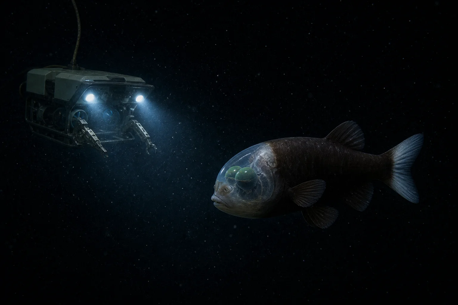 A remotely operated vehicle observing a barreleye fish in dark deep-sea water