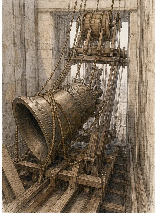 Editorial illustration of the replacement Great Bell being raised sideways through a tower shaft with ropes and wooden rigging.