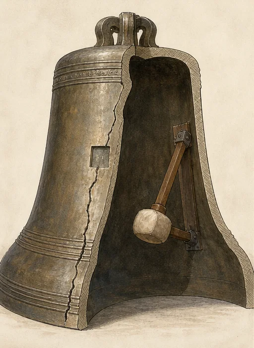 Editorial cutaway illustration of a bronze bell with a crack, a small square relief cut, and a lighter hammer at a new striking point.