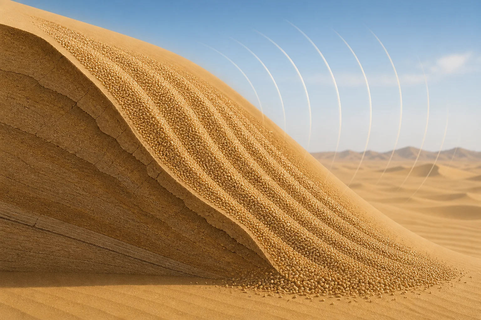 Rounded sand grains descend a dune slip face in synchronized flowing bands
