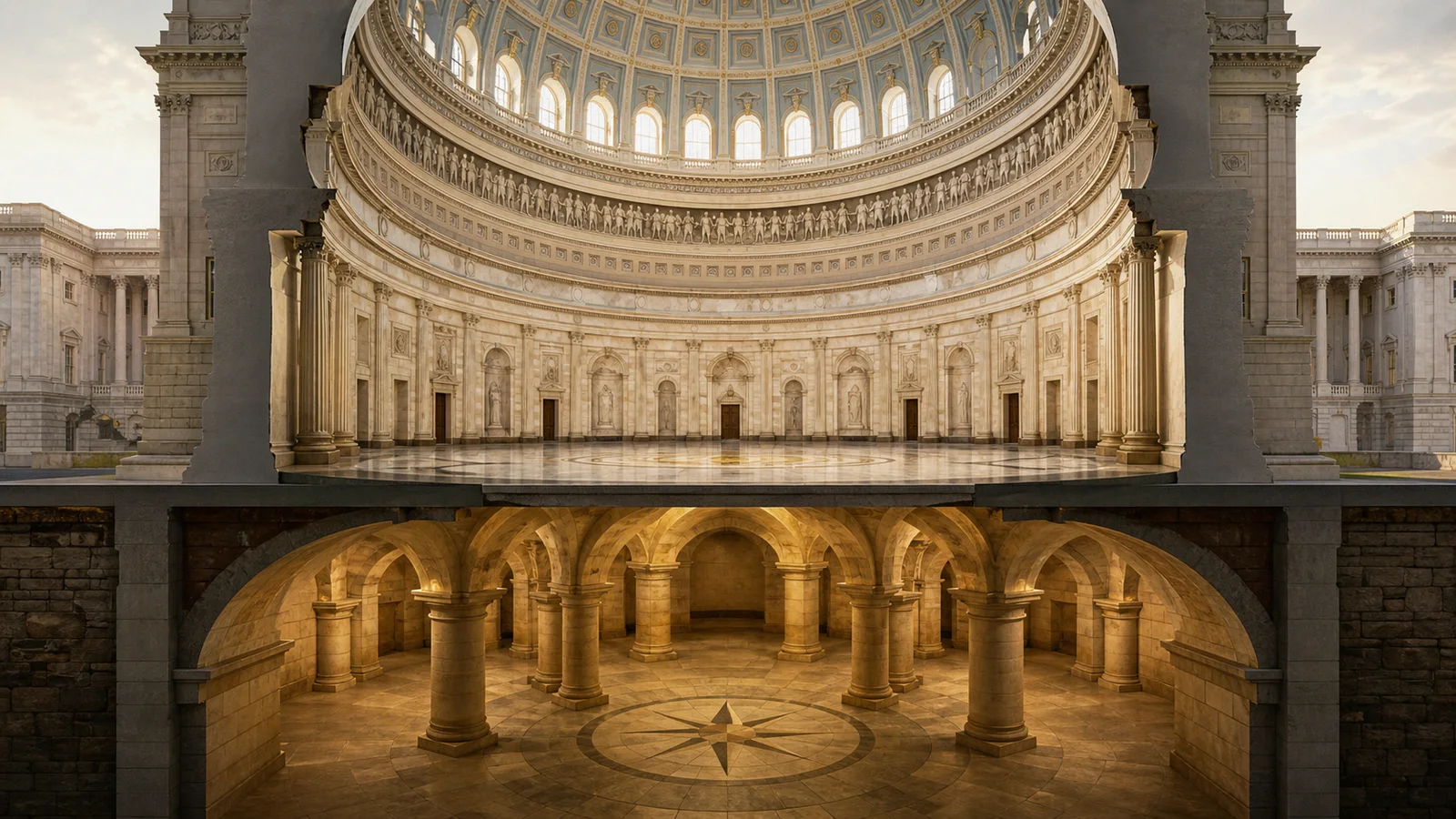 Editorial illustration showing a cutaway of the U.S. Capitol Rotunda above the empty vaulted Crypt.