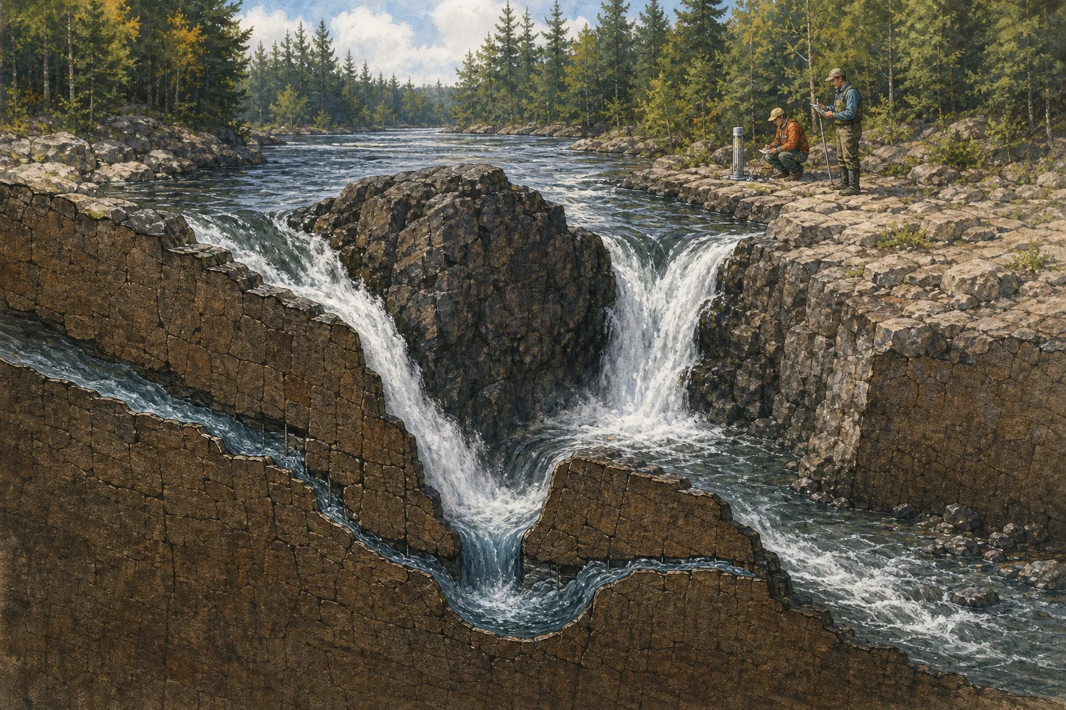 Field hydrologists measure flow near a split river and a volcanic pothole in a natural-history cutaway illustration