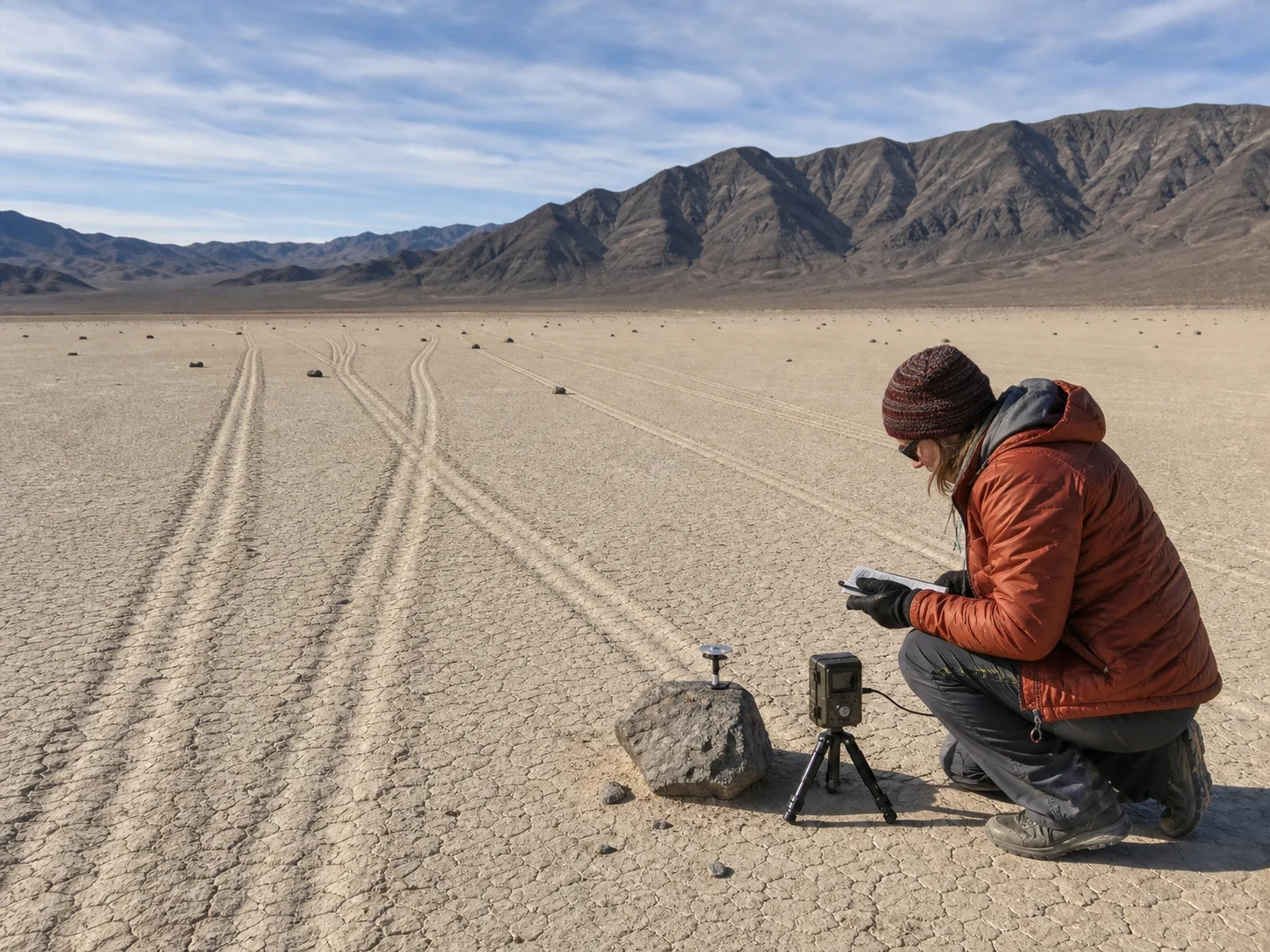 A field researcher studying parallel stone trails beside a time-lapse camera on Racetrack Playa