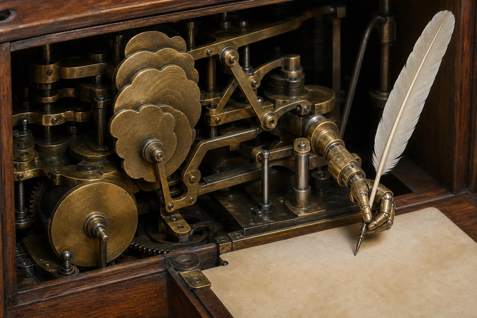 Editorial illustration of brass cams and levers inside an eighteenth-century writing automaton, connected to an articulated hand holding a feather quill over blank paper.