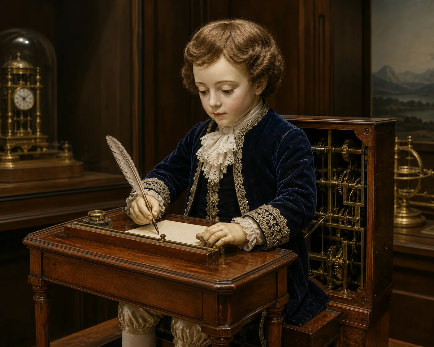 Editorial illustration of an eighteenth-century child-sized writing automaton holding a feather quill at a small wooden desk, with brass clockwork visible in an open side panel.