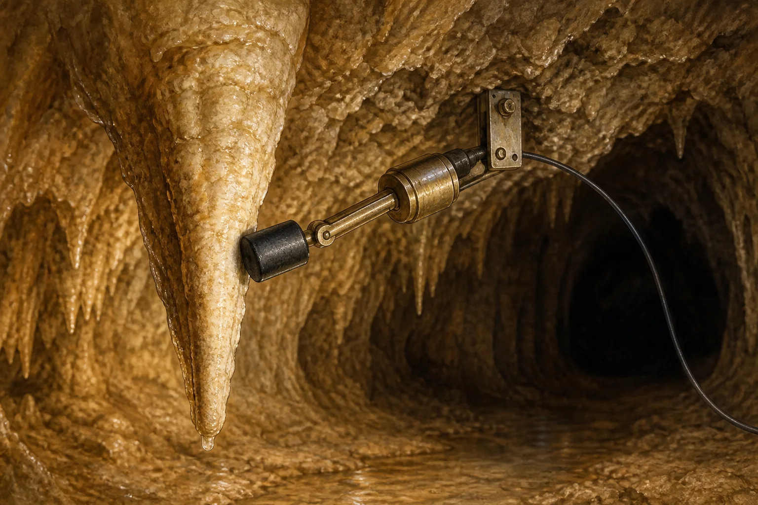 Editorial illustration of a rubber-tipped striker mechanism tapping a limestone stalactite inside a cave.