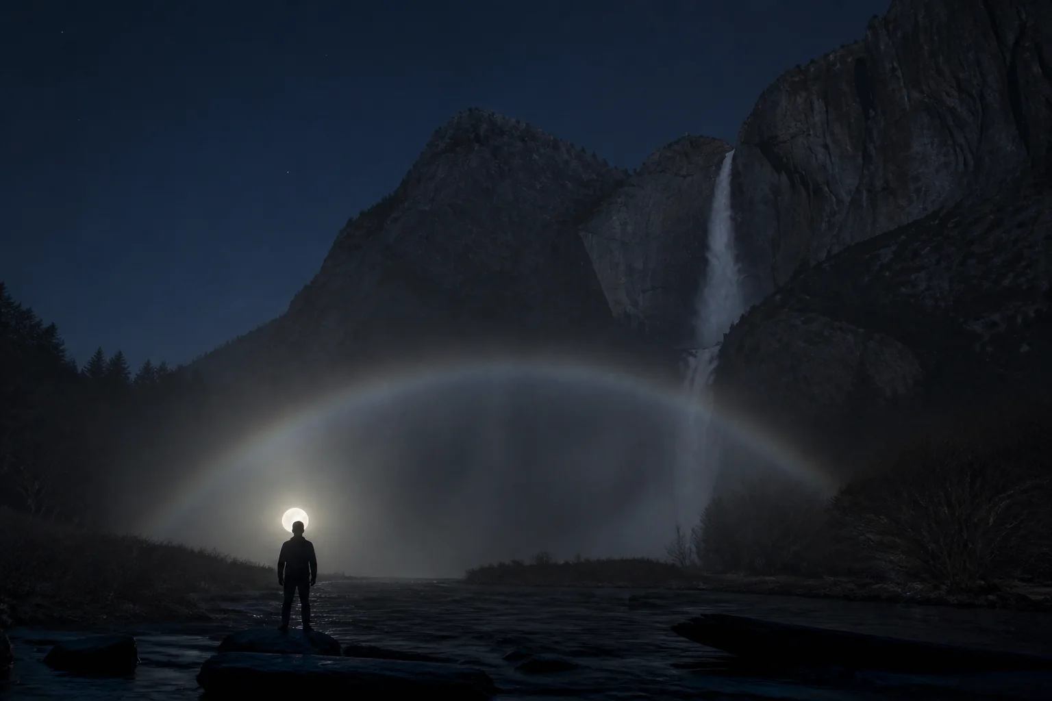 Editorial illustration of a silhouetted viewer with a full moon behind them and a pale moonbow forming in waterfall mist ahead.