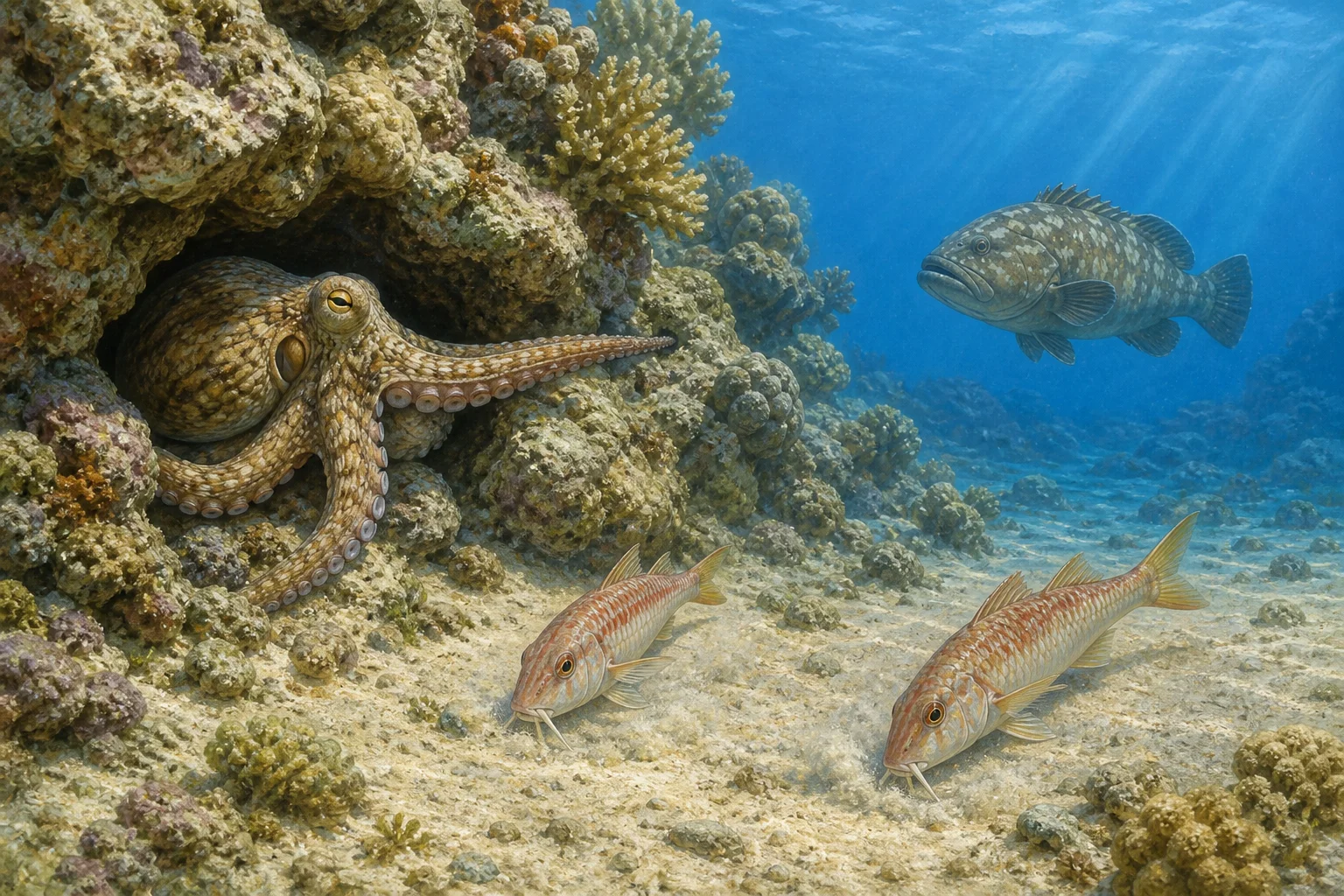 Editorial illustration of a day octopus at a reef crevice, goatfish searching the seafloor, and a grouper in open water.