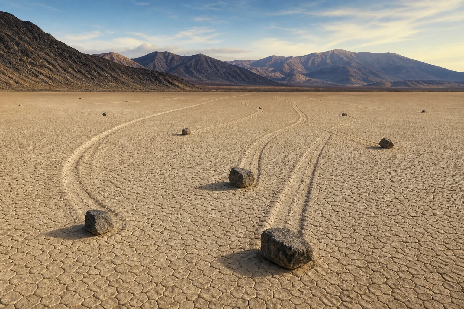 Editorial illustration of dark rocks and shallow trails across a broad cracked desert playa.