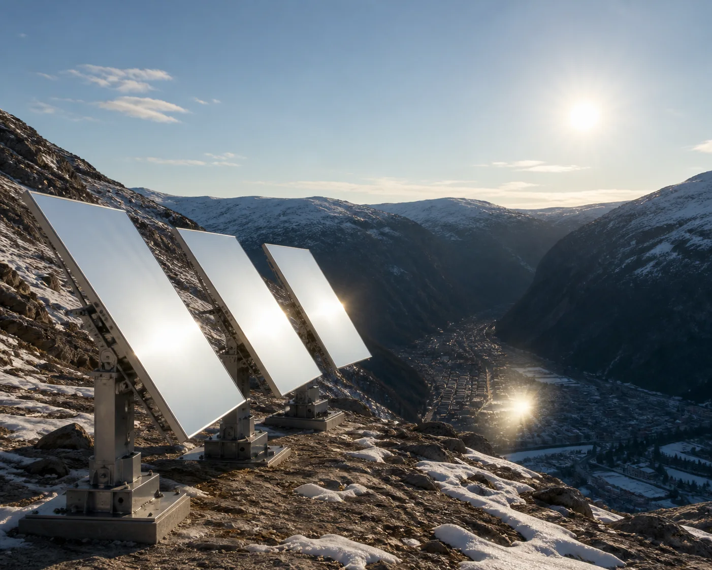 Editorial illustration of three heliostat mirrors on a snowy Norwegian mountainside above a valley town.