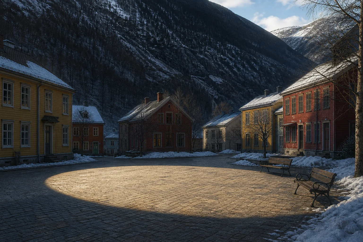 Editorial illustration of a Norwegian town square receiving a bounded patch of reflected winter sunlight.