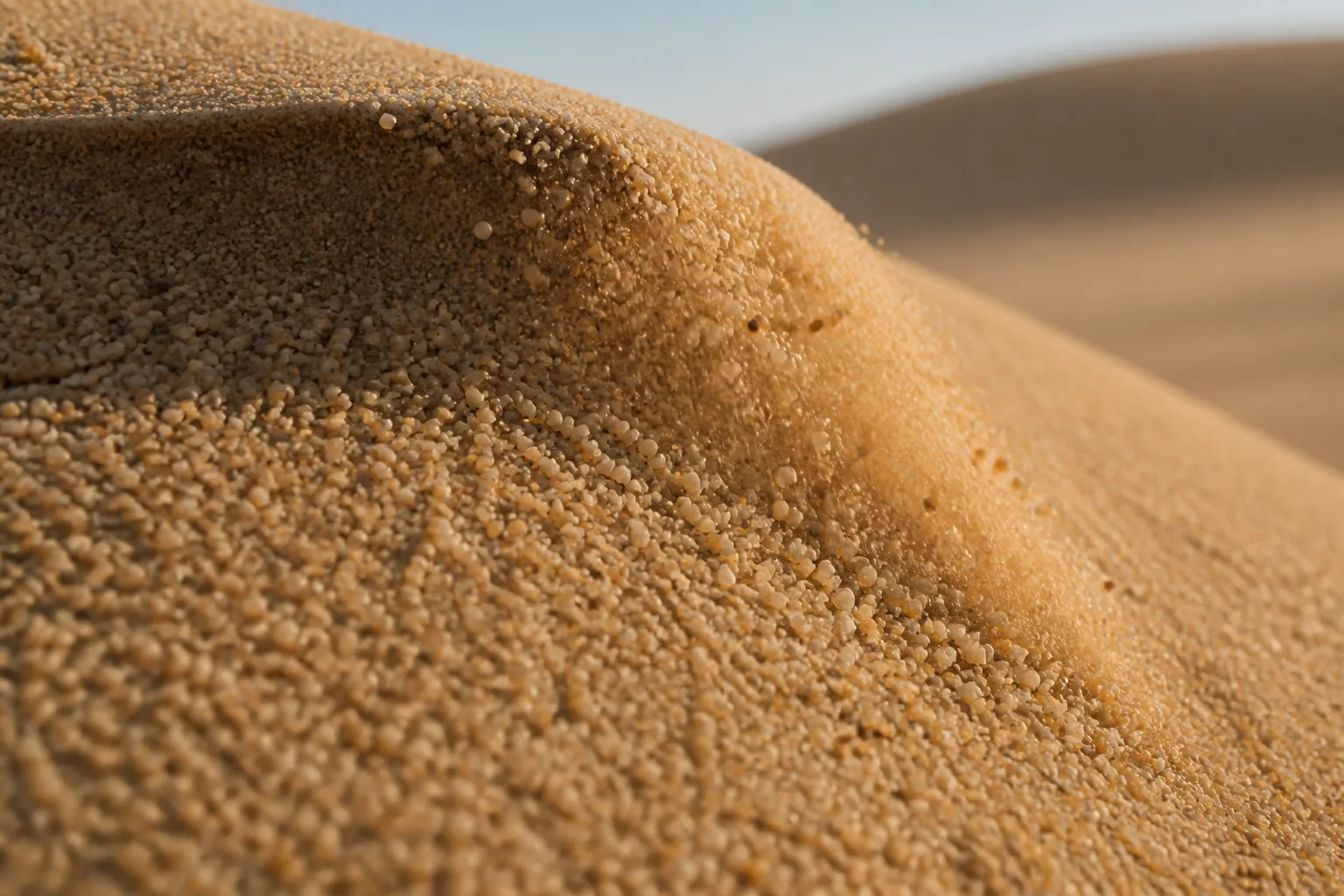 Rounded desert sand grains slide over a small ridge in warm side light