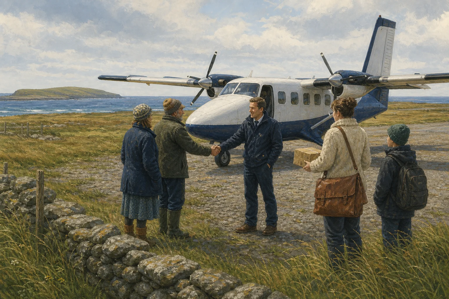 A pilot greeting island residents beside a compact aircraft while a parcel is handed over