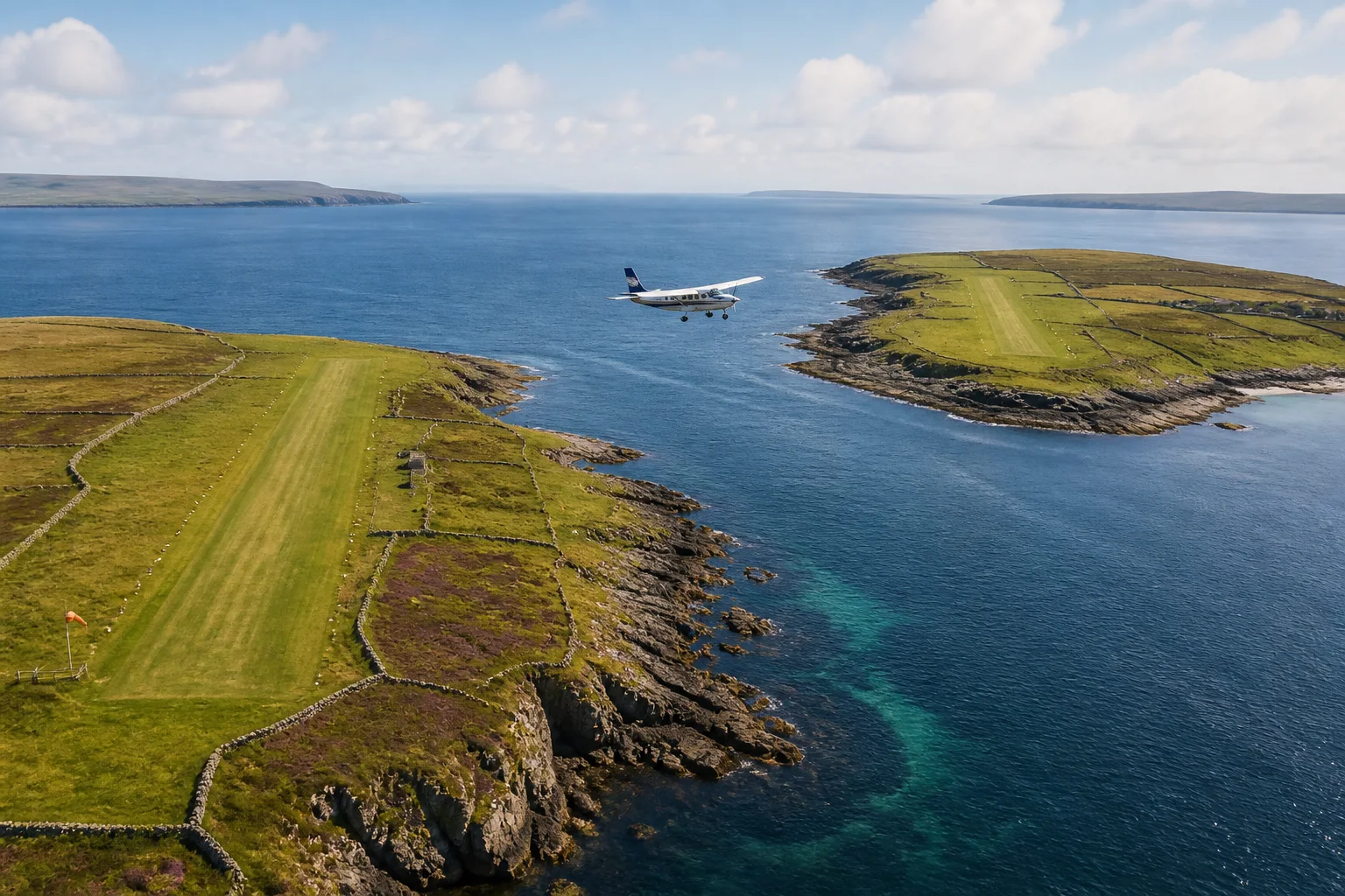 A small island aircraft flying between two green Orkney islands and their coastal runways