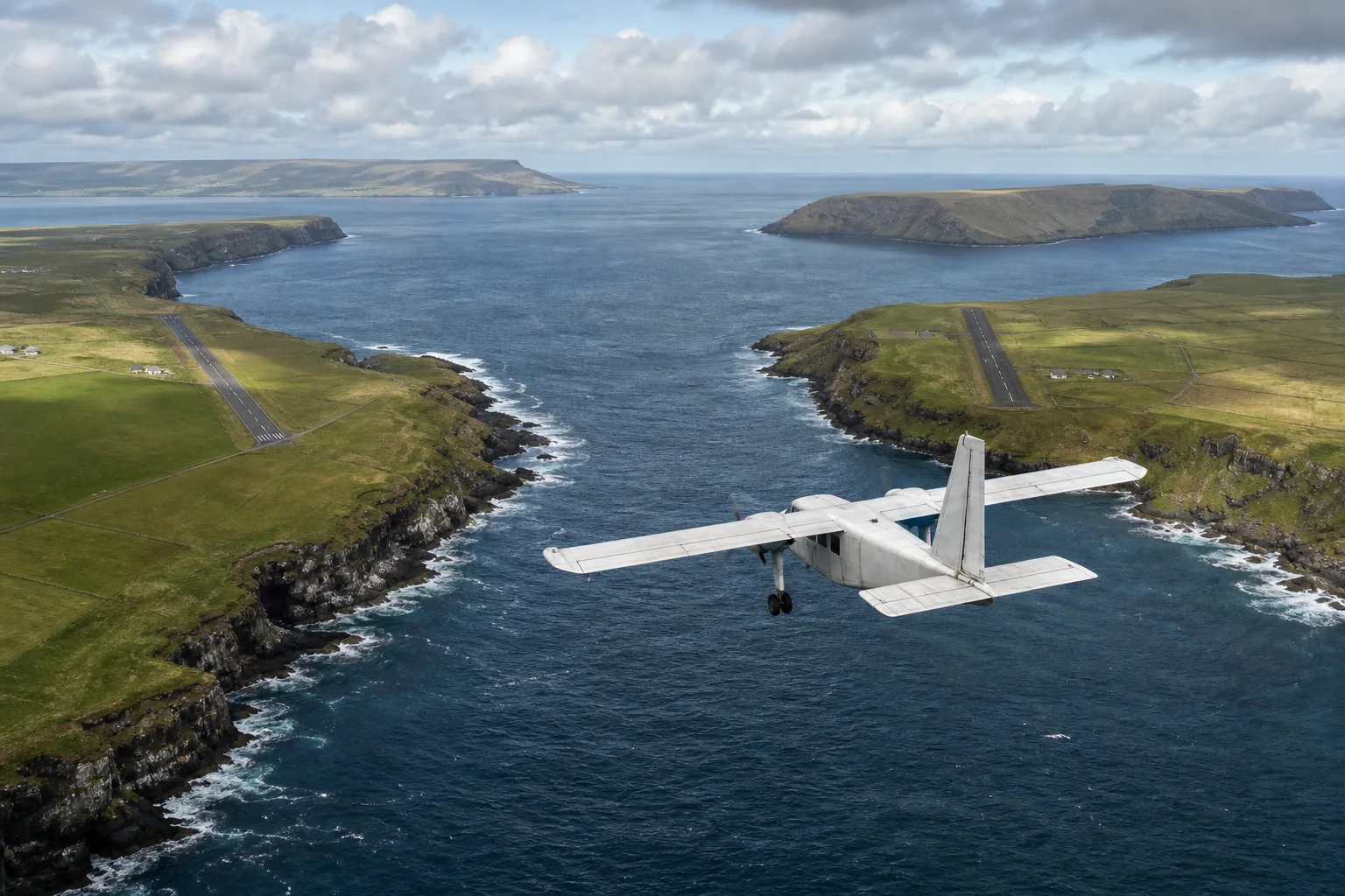 A compact island aircraft approaching a short runway across a narrow channel in Orkney