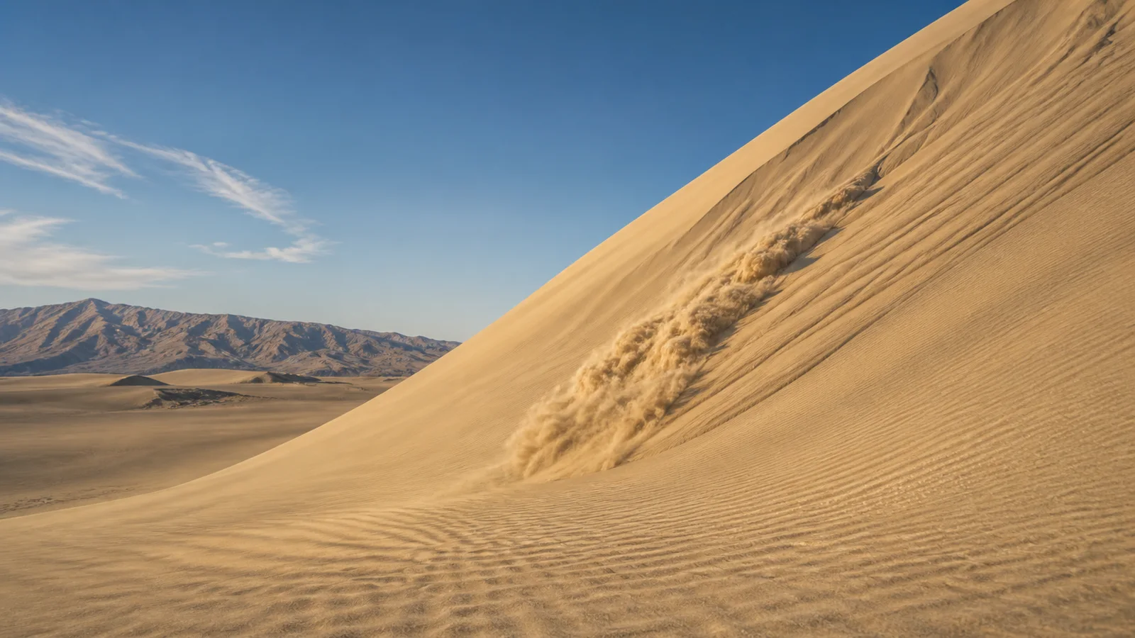 Editorial illustration of a small dry-sand avalanche on a pale-gold desert dune beneath a clear sky.
